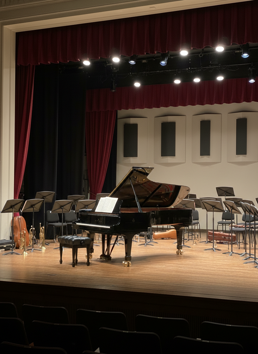 A polished black grand piano with its lid raised, gleaming under soft stage lights, sits center stage in a well-equipped school auditorium. Neatly arranged sheet music rests on the stand, and sturdy music stands and instrument cases subtly line the shadowed edges of the stage, hinting at a full student ensemble. Overhead, warm, diffused spotlights create gentle reflections on the piano’s lacquered surface and cast soft shadows across the wooden stage floor. Photographic realism at eye level, with a slightly wide composition that takes in the surrounding acoustic panels and curtains, conveys a professional, organized music program and a supportive, performance-ready environment, calm yet full of potential energy.