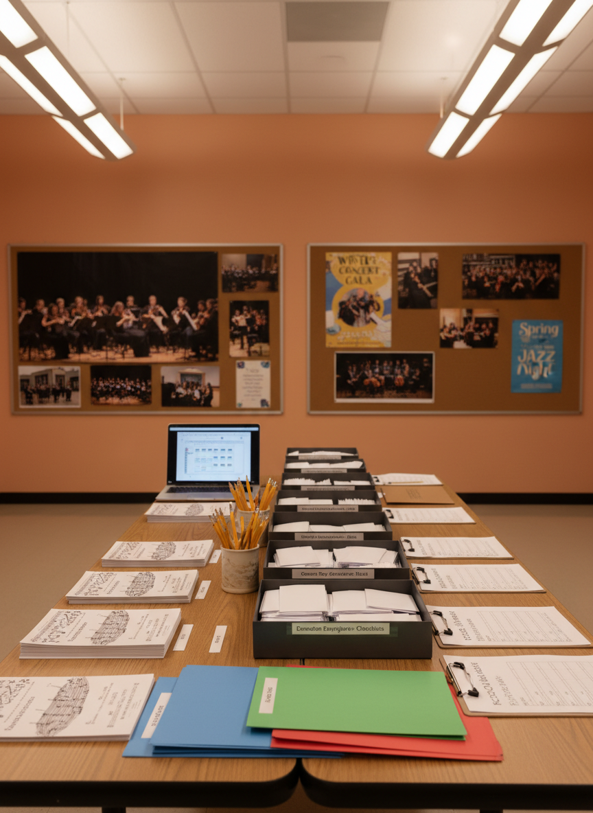 A long, organized volunteer planning table in a school music room, covered with neatly stacked concert programs, color-coded event schedules, sharpened pencils, and donation envelopes arranged in labeled trays. Nearby, a laptop displays a seating chart, and clipboards hold checklists for various music ensembles. Behind the table, bulletin boards showcase concert photos and posters without visible human figures, emphasizing activity without showing people. Overhead fluorescent lighting is softened by the room’s warm wall colors, creating an efficient yet welcoming mood. Shot at eye level with a moderate depth of field in photographic realism, the composition highlights the structured, behind-the-scenes work that music boosters do to support student performances and events.