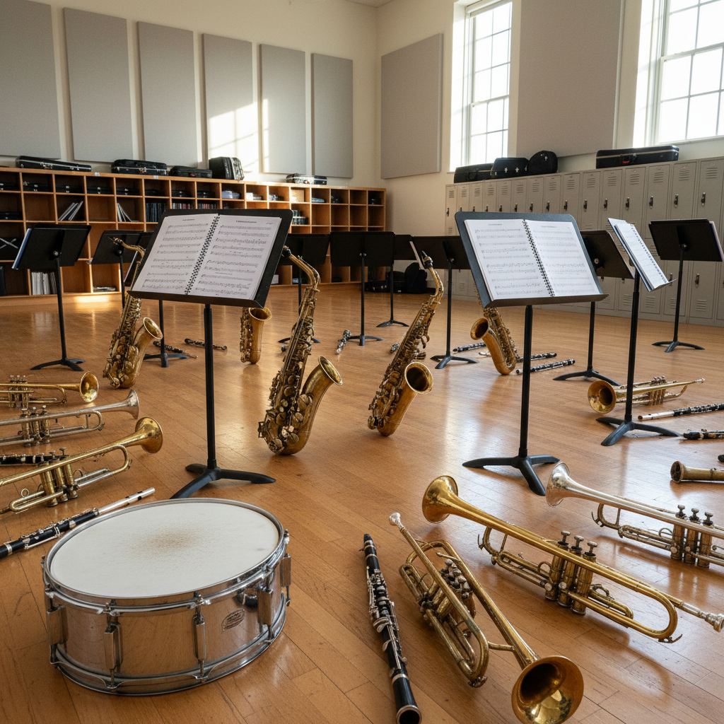 An array of school band instruments—trumpets, clarinets, saxophones, flutes, and a gleaming snare drum—carefully laid out on a polished rehearsal room floor, each with visible wear that suggests active use. Nearby, sturdy black music stands form a semi-circle, with open score folders displaying detailed musical notation. The setting is a bright, organized music room with acoustic panels, storage cubbies, and uniform instrument lockers in the background. Natural afternoon light pours in from large windows, creating subtle highlights on metal surfaces and soft shadows behind stands. Captured from a slightly elevated angle with photographic realism, the composition feels structured and professional, symbolizing the breadth of music programs supported by dedicated boosters.