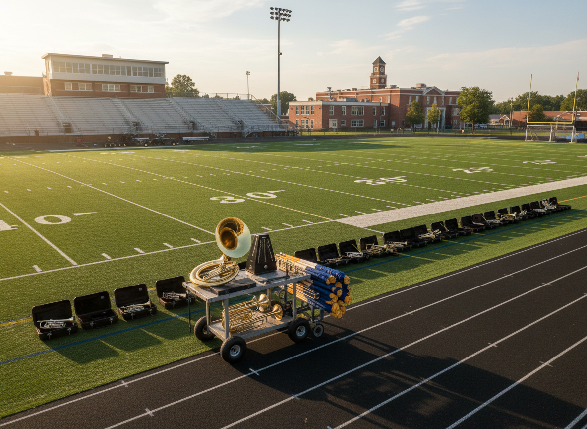 A vibrant school marching band practice field viewed from a slightly elevated sideline perspective, with carefully aligned yard lines and neatly arranged instrument cases along the track. On a nearby equipment cart, polished brass instruments, color guard flags rolled in matching bundles, and a large metronome rest in orderly fashion, ready for rehearsal. The late afternoon golden hour sunlight casts long, crisp shadows and a warm glow over the neatly cut grass, creating a dynamic yet disciplined atmosphere. Photographic realism with strong depth of field captures the full field, stadium bleachers, and surrounding school buildings, emphasizing community-scale support for the marching program and the structured energy of well-organized practices.