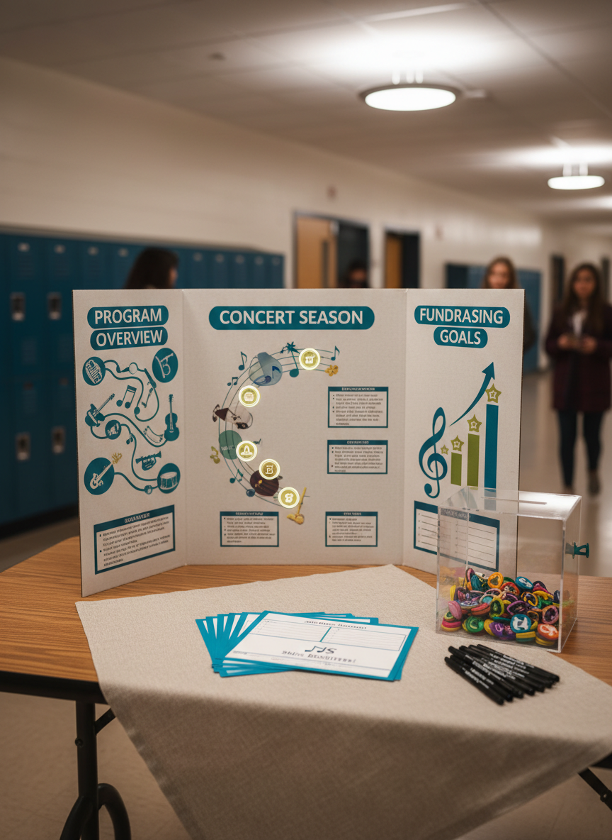 A cozy, well-lit corner of a school hallway transformed into a music boosters information area, featuring a clean table with tri-fold display boards showing concert schedules, program overviews, and fundraising goals represented by abstract charts and icons rather than text. A transparent donation box with visible music-themed tokens sits on the table beside a stack of blank sign-up forms and branded pens. Soft, even overhead lighting creates minimal shadows and a welcoming, professional tone. Captured at eye level in photographic realism with the background slightly blurred, the composition keeps focus on the display and materials, conveying organized community engagement and clear communication about supporting diverse school music programs.